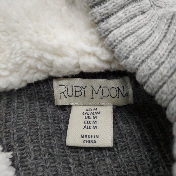 Ruby Moon Hooded Sweater Size Medium Gray White Red Hearts Pom Poms Crop - Picture 3 of 8